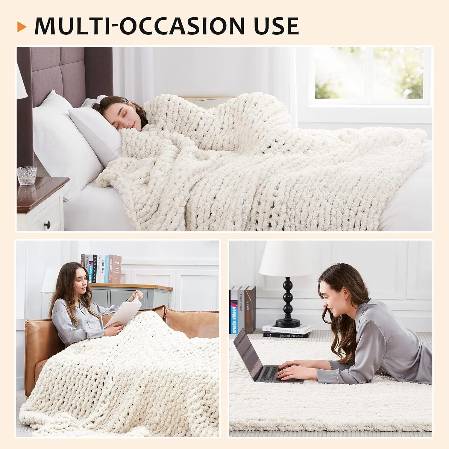 L'AGRATY Chunky Knit Blanket Throw: 72''x84'' Chenille Chunky Knitted Throw Blanket for Bed Couch - Handmade Thick Big Cable Knit Blanket - Large Chunky Crochet Rope Blanket for Home Decor(Ivory)