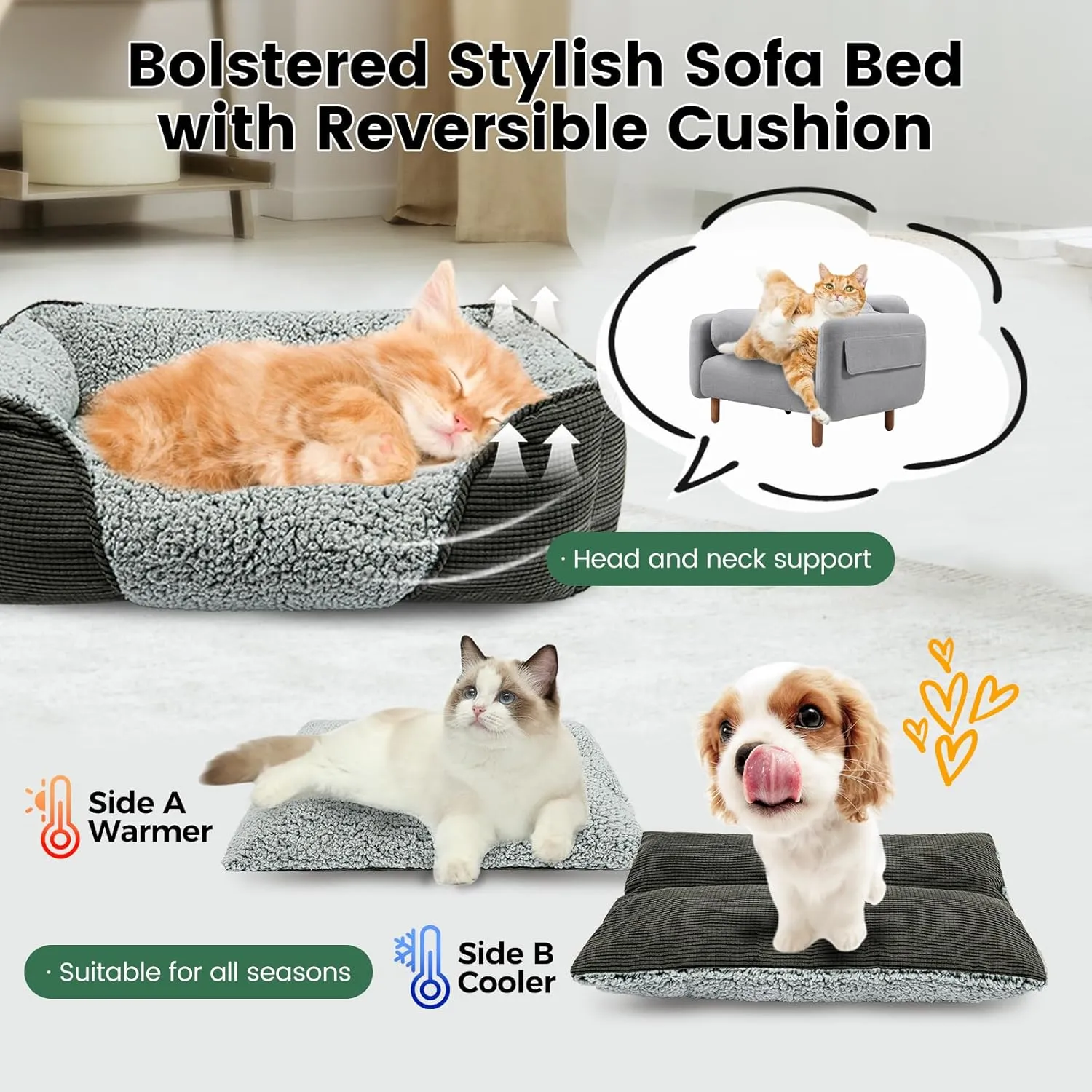 Miguel Washable Cat Bed for Indoor Cats With Removable Cushion, Easy to Wash Small Pet Sofa With Side, Rectangle Bolster Kitten Calming Cuddle Puppy Bed, Anti-Slip Bottom, Gray 18 Inch