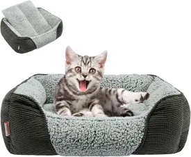 Miguel Washable Cat Bed for Indoor Cats With Removable Cushion, Easy to Wash Small Pet Sofa With Side, Rectangle Bolster Kitten Calming Cuddle Puppy Bed, Anti-Slip Bottom, Gray 18 Inch