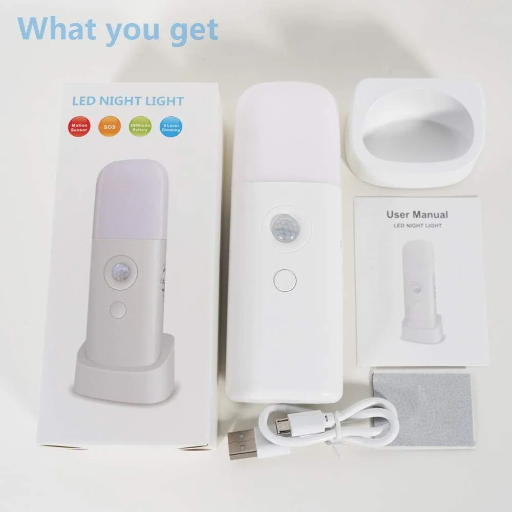 Motion Sensor Night Light, Dimmable Night Lights with 5 Brightness Levels, 2000mAh Rechargeable Battery Operated Light, Portable Motion Sensor Light for Kids Room, Bedroom, Hallway.