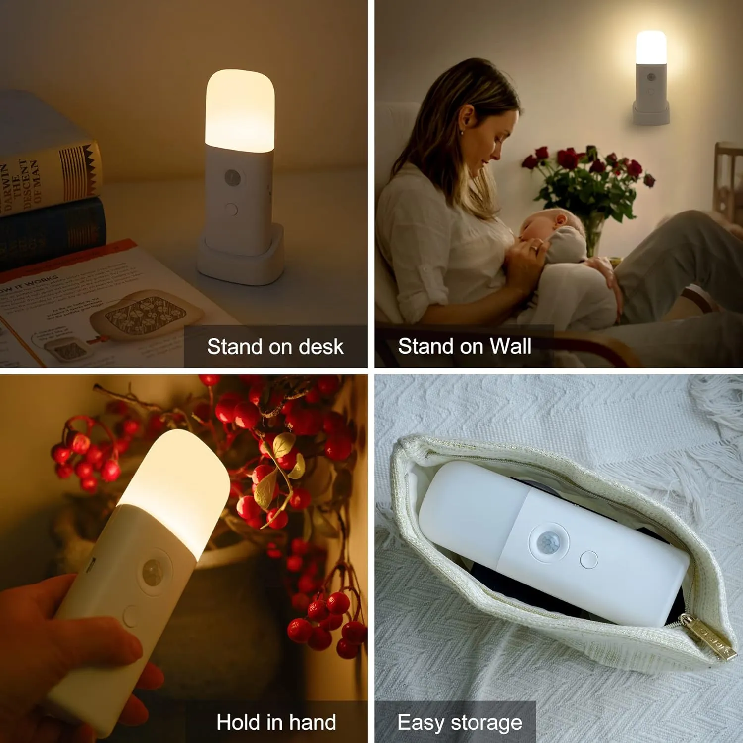 Motion Sensor Night Light, Dimmable Night Lights with 5 Brightness Levels, 2000mAh Rechargeable Battery Operated Light, Portable Motion Sensor Light for Kids Room, Bedroom, Hallway.