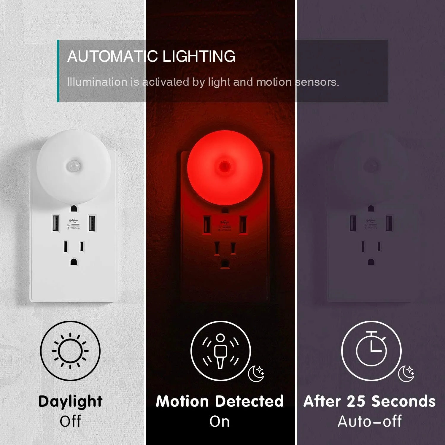 myCozyLite Motion Sensor LED Night Light, Red, Plug-in Nightlight for Home, Smart Movement Sensor, LED Night Lights Plug Into Wall, Soft Glow, Red Diffused Light, 2 Pack