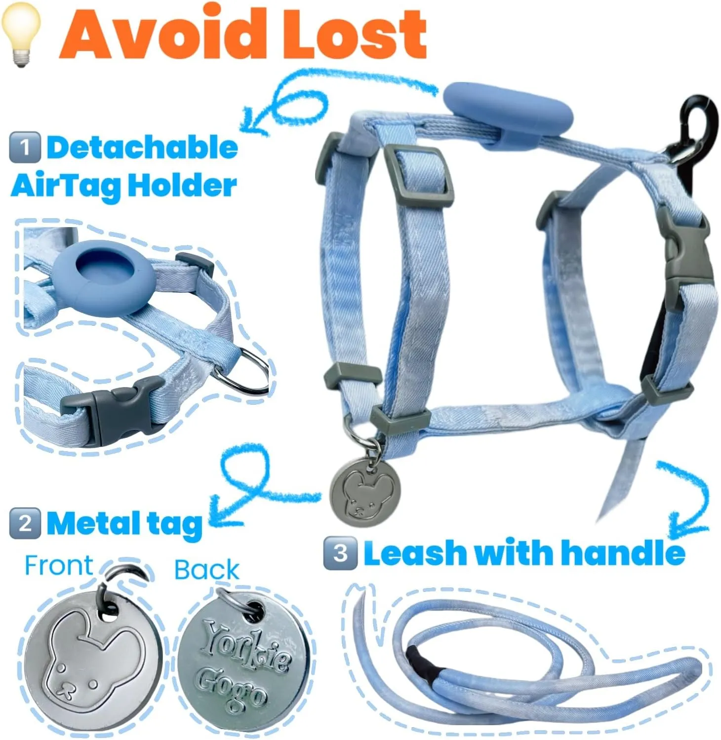 No Pull Dog Harness and Leash with AirTag Holder for Small/Teacup Cats & Dogs, Cooling & Light Weight Vest, Perfect for Summer, Arns para Perro (Purple, XXS)