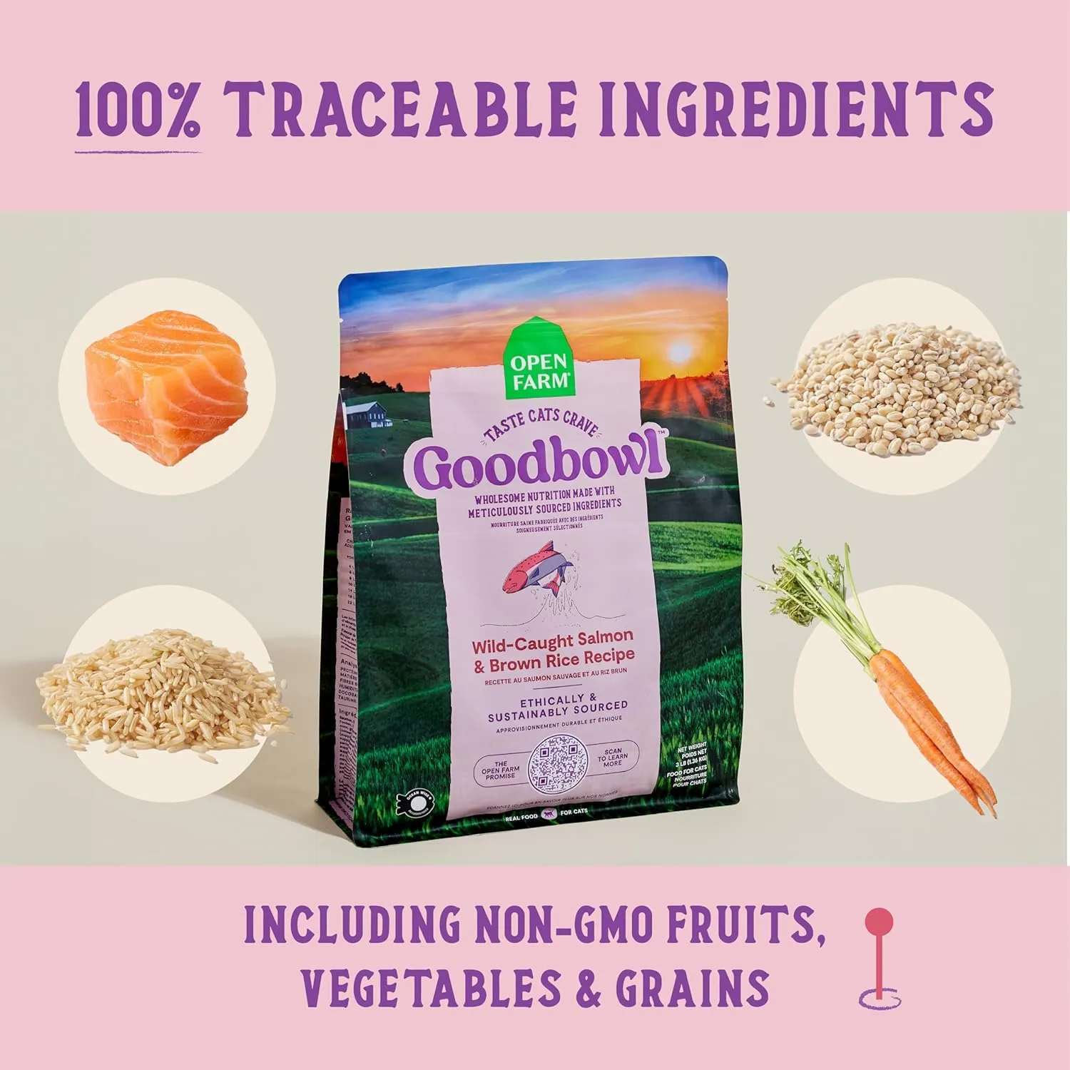 Open Farm Goodbowl, Protein Rich Dry Cat Food Made from Meticulously Sourced Simple Ingredients, Wild-Caught Salmon & Brown Rice Recipe, 7lb Bag (112oz Bag)