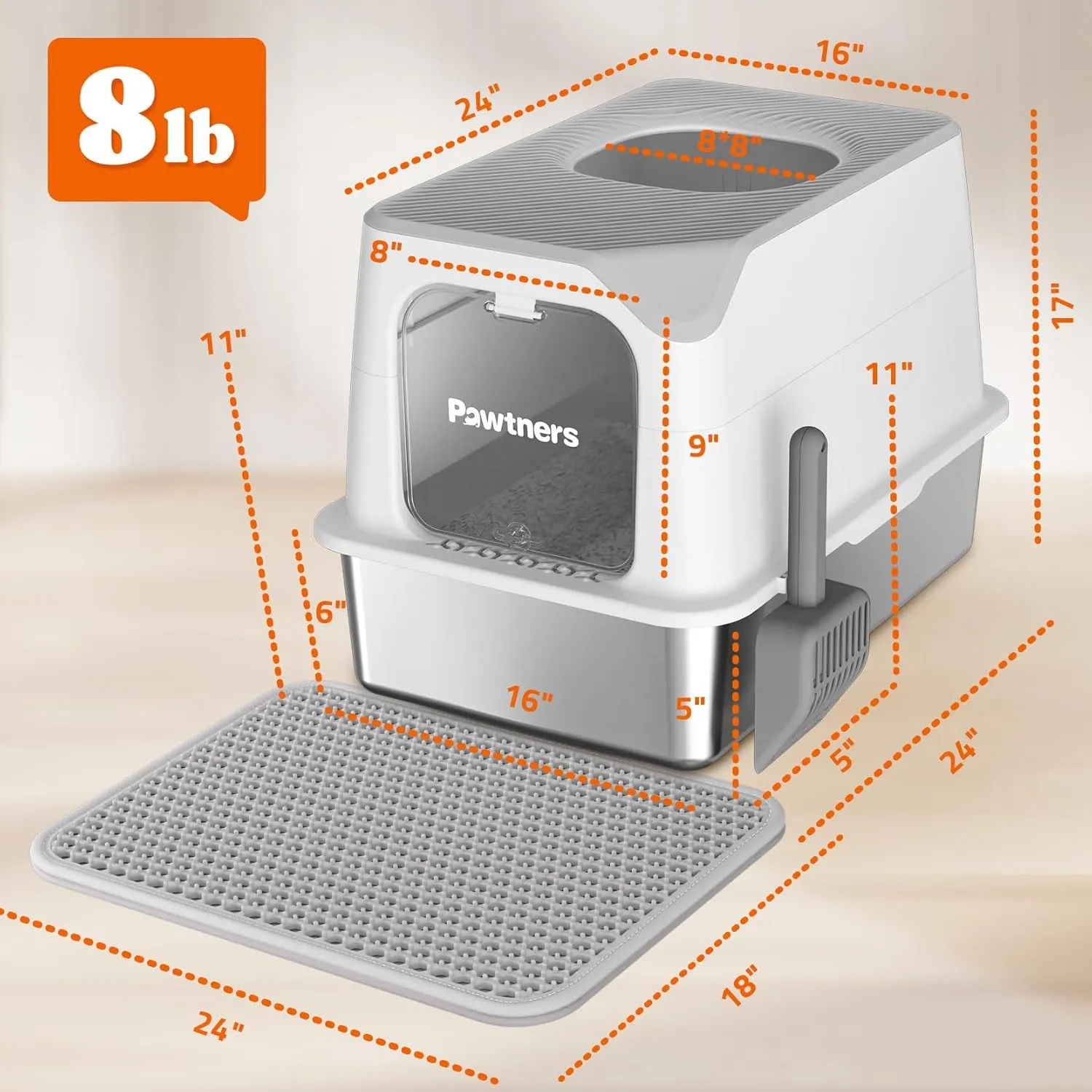 Pawtners Stainless Steel Cat Litter Box, XL Extra Large Kitty Litter Pan, Front Entry Top Exit Enclosed Metal Cat Toilet for Odor Control with Removable Lid & Scoop & Mat, Anti-Leakage, Easy to Clean