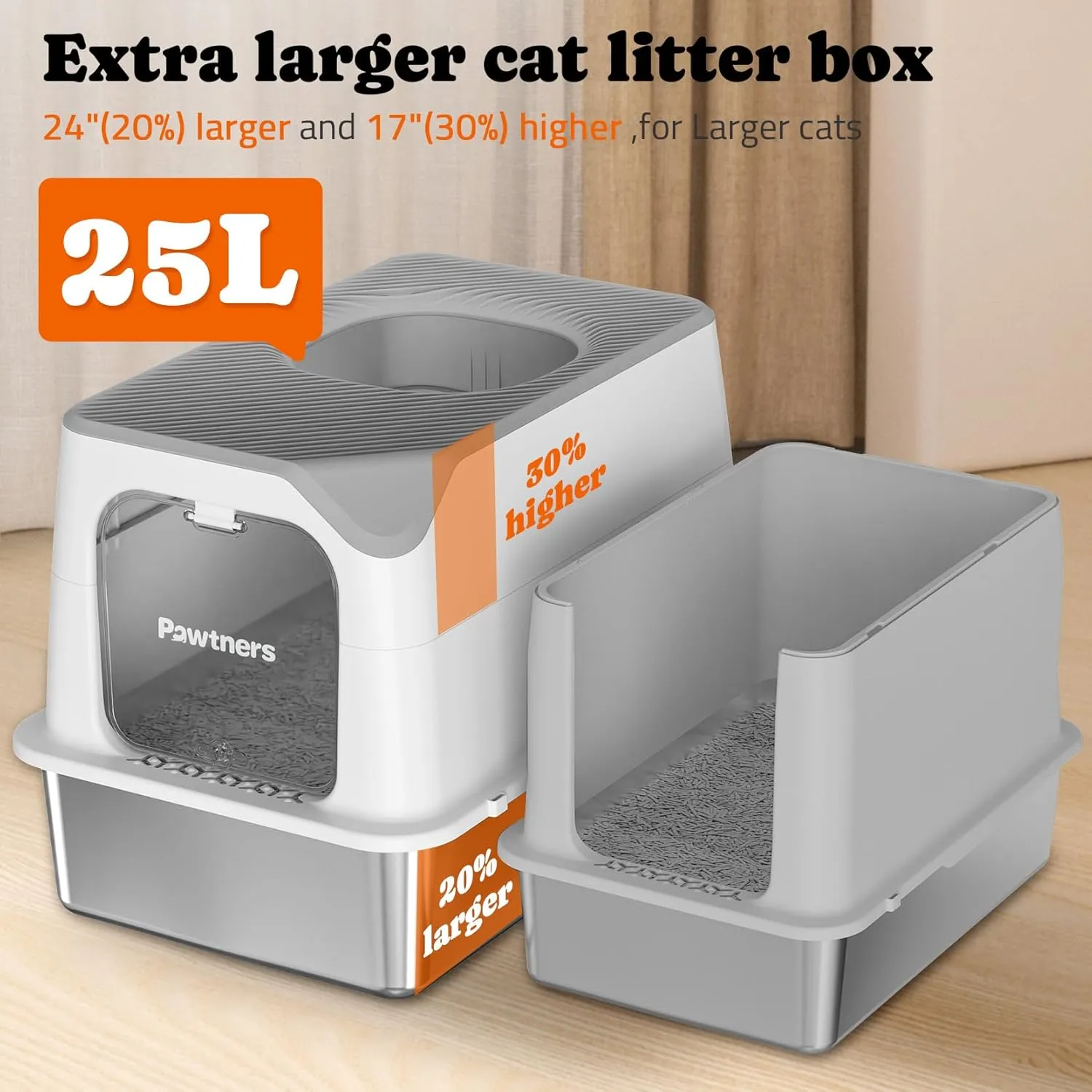 Pawtners Stainless Steel Cat Litter Box, XL Extra Large Kitty Litter Pan, Front Entry Top Exit Enclosed Metal Cat Toilet for Odor Control with Removable Lid & Scoop & Mat, Anti-Leakage, Easy to Clean