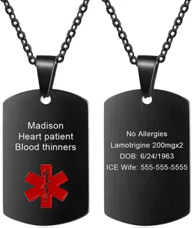 Personalized Medical Alert Necklace Stainless Steel Engraved Emergency ID Tag Pendant for Men Women