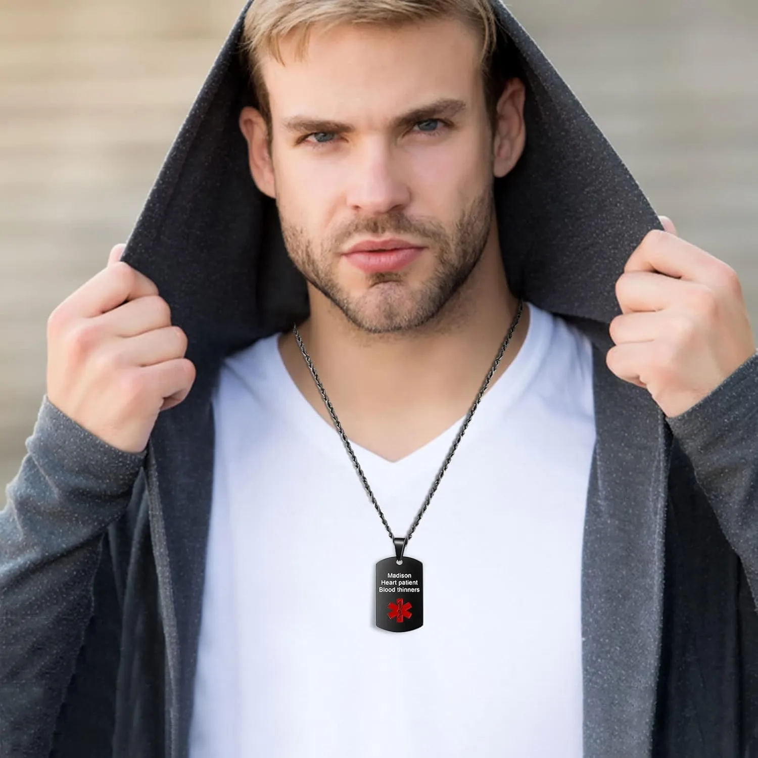 Personalized Medical Alert Necklace Stainless Steel Engraved Emergency ID Tag Pendant for Men Women