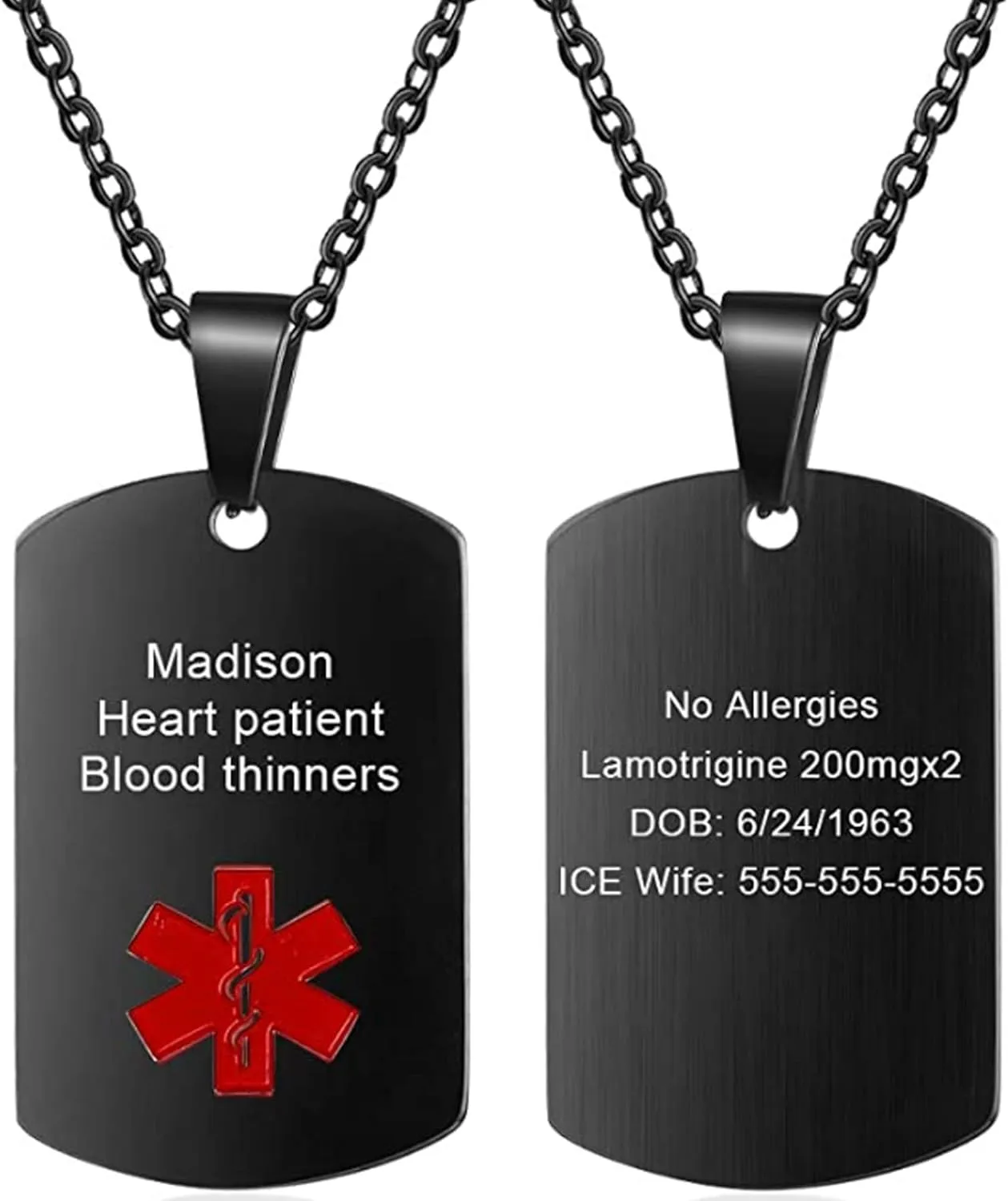 Personalized Medical Alert Necklace Stainless Steel Engraved Emergency ID Tag Pendant for Men Women