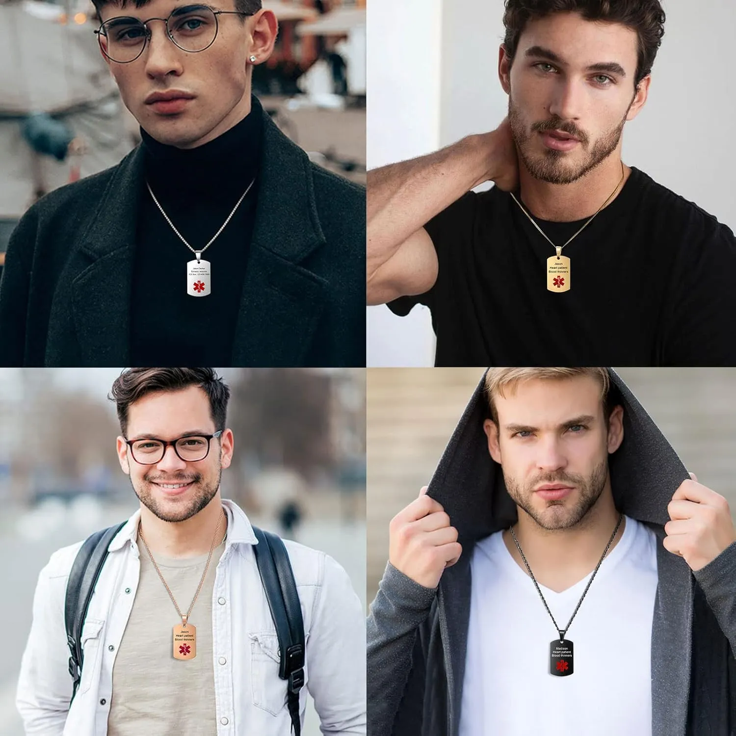 Personalized Medical Alert Necklace Stainless Steel Engraved Emergency ID Tag Pendant for Men Women