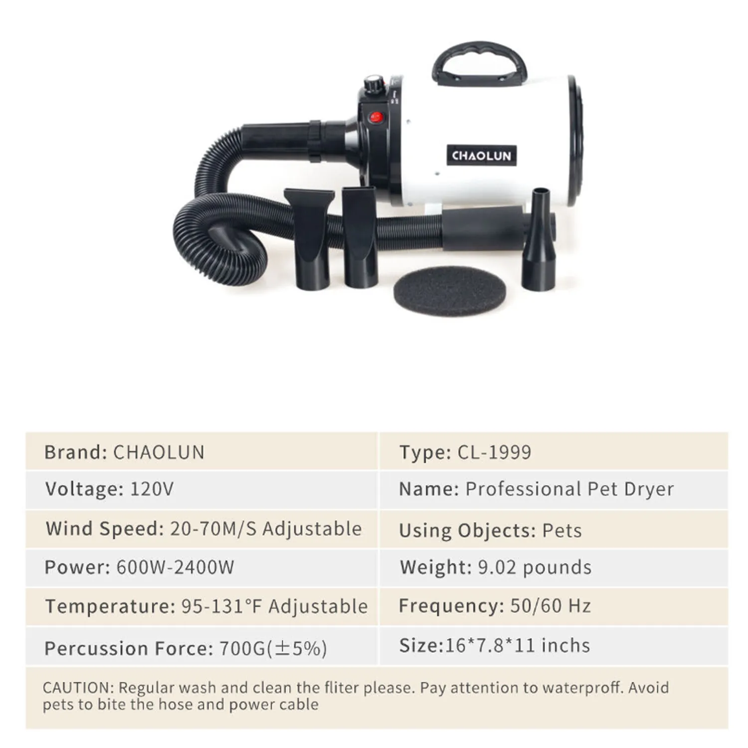 Pet Hair Dryer 2800W, Adjustable Speed, Low Noise, 3 Nozzles