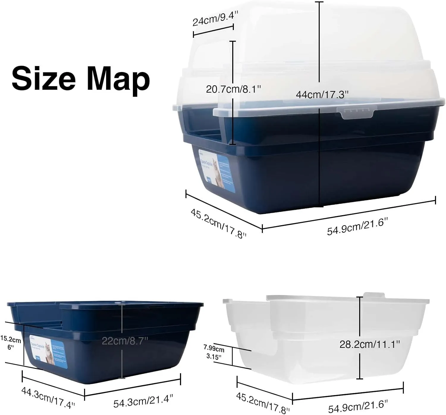Petfamily Cat Litter Box, Large Foldable Jumbo Hooded Cat Litter Box with Transparent Lid (Navy Blue)