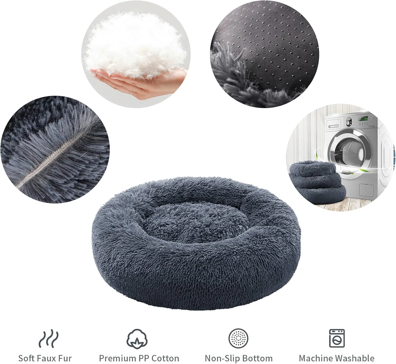 Small Cat Bed for Indoor Cats, Self-Warming Donut Kitty Bed for Small Cats Keeping Warm, Washable Pet Bed with Anti Slip Base, 20 Darkgrey