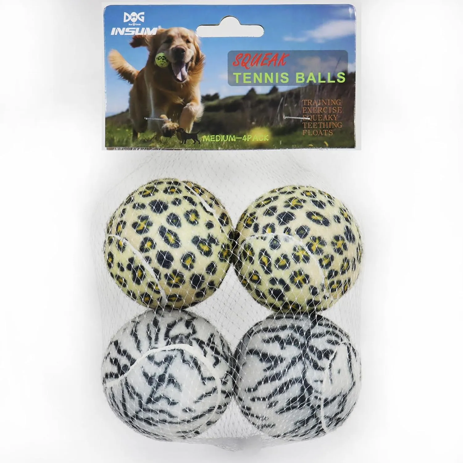 Squeaky Dog Balls - Squeaky Tennis Balls for Dogs, Leopard | Medium - 2.5'', 4Pack
