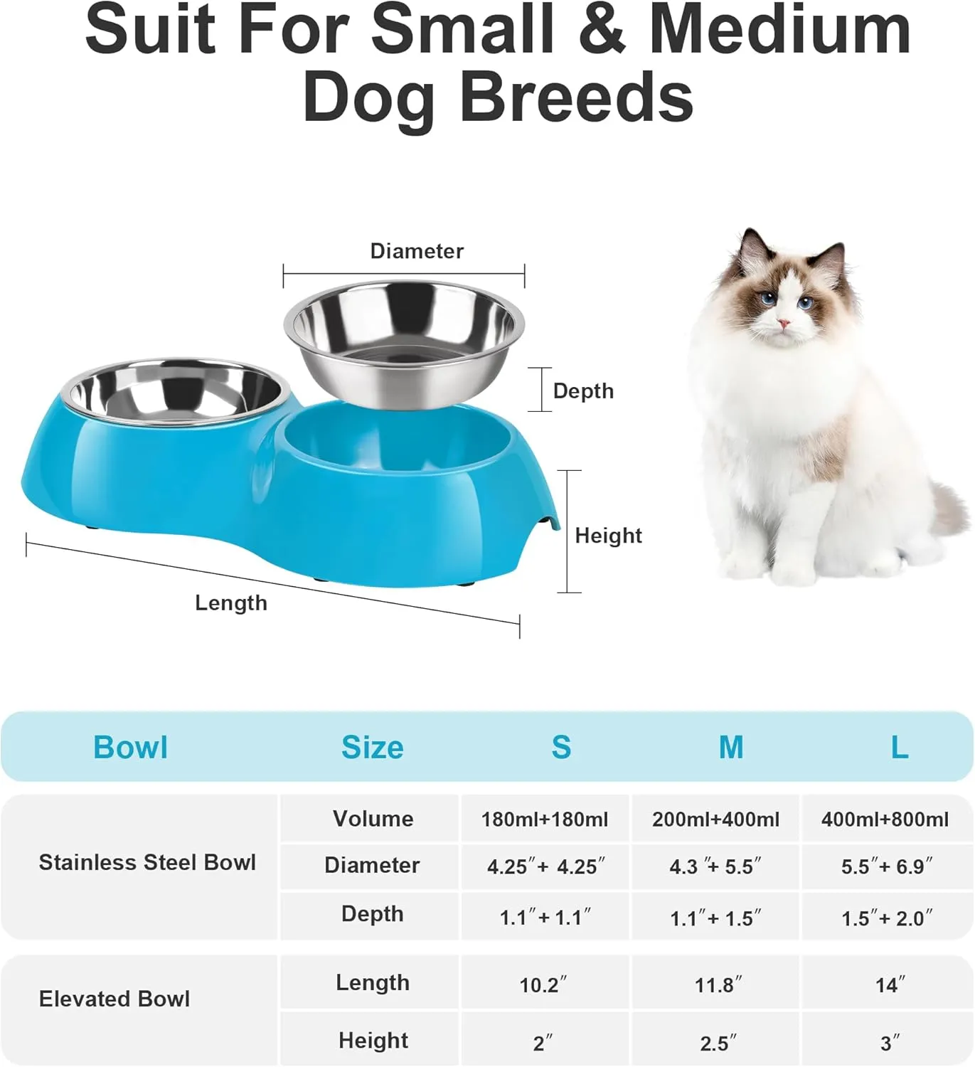 Stainless Steel Dog Bowls Set  Dual Non-Slip Pet Dishes with 2 Small (6.9 oz) Bowls & Durable Resin Stand  Food & Water Feeder for Puppies, Cats, and Medium Dogs  Blue