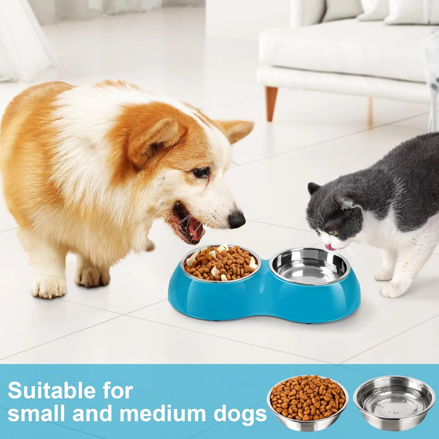 Stainless Steel Dog Bowls Set  Dual Non-Slip Pet Dishes with 2 Small (6.9 oz) Bowls & Durable Resin Stand  Food & Water Feeder for Puppies, Cats, and Medium Dogs  Blue