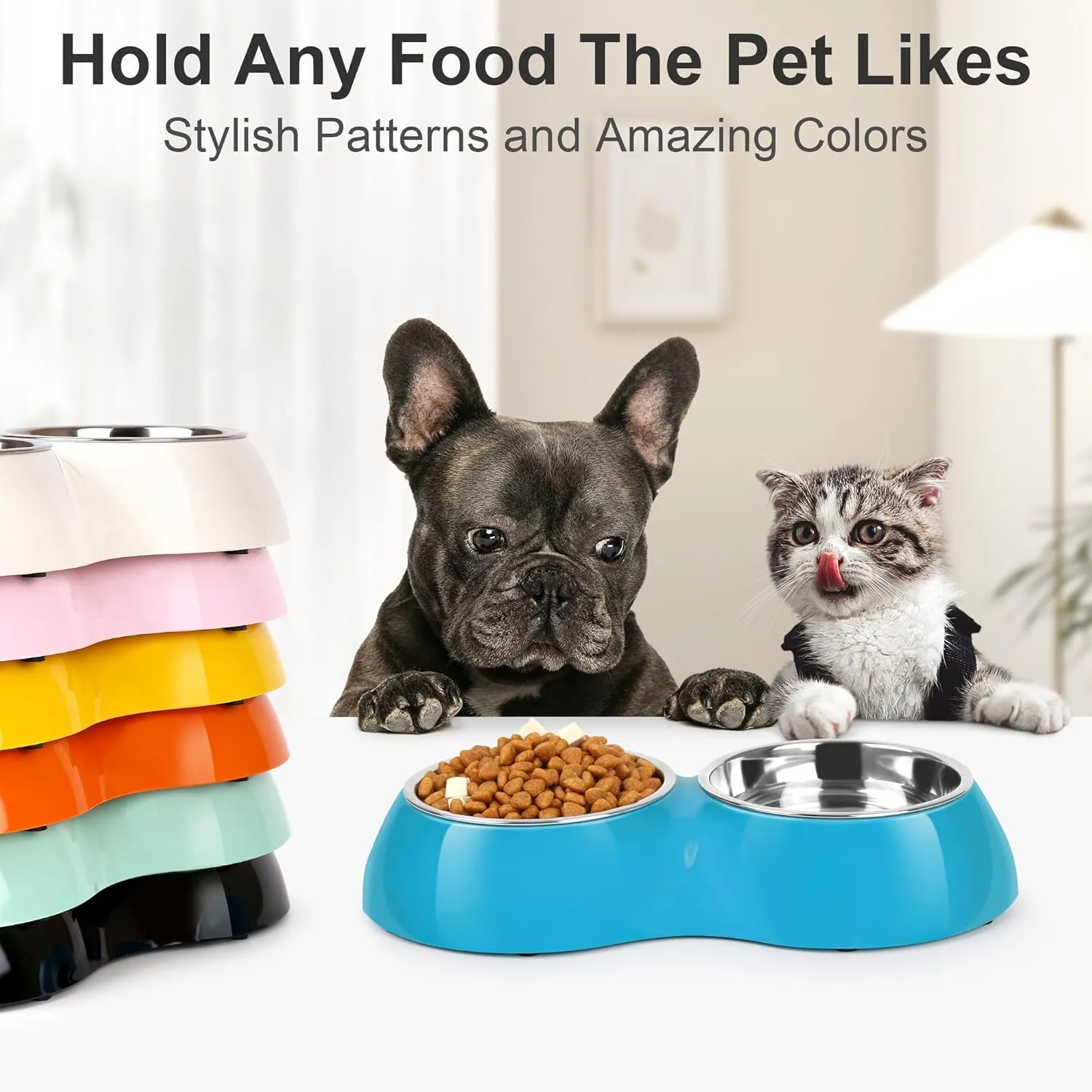 Stainless Steel Dog Bowls Set  Dual Non-Slip Pet Dishes with 2 Small (6.9 oz) Bowls & Durable Resin Stand  Food & Water Feeder for Puppies, Cats, and Medium Dogs  Blue