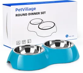Stainless Steel Dog Bowls Set  Dual Non-Slip Pet Dishes with 2 Small (6.9 oz) Bowls & Durable Resin Stand  Food & Water Feeder for Puppies, Cats, and Medium Dogs  Blue