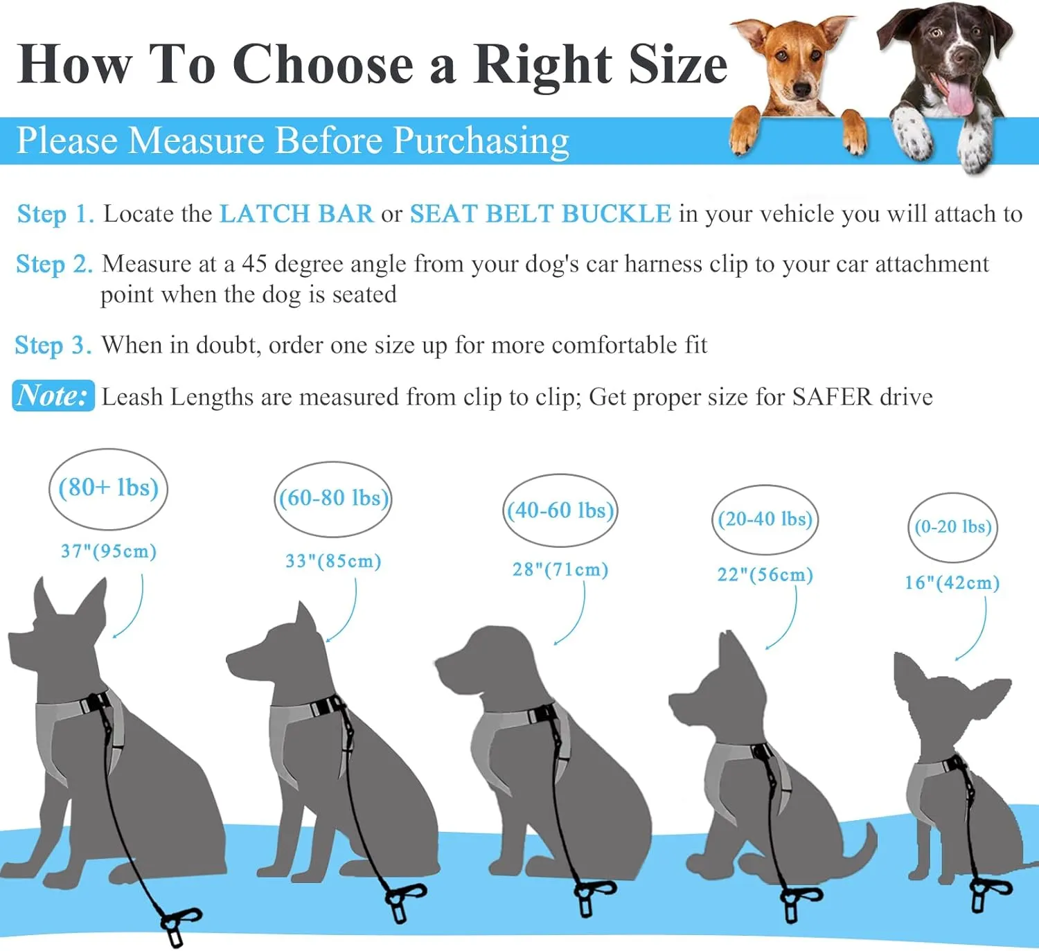 VIVAGLORY Dog Seat Belt, Chew Proof Multi-Functional Waterproof Dogs Safety Belt, Heavy Duty Steel Rope Pet Car Seatbelt Rrestraint Harness for Large Dogs, 37", Blue