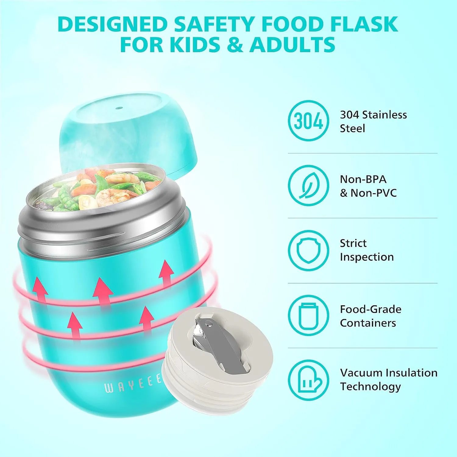 WayEee Food Containers for Hot Food Insulated Food Jar, Vacuum Bento Box Lunch Containers 16 oz for Kids Adults, Airtight Stainless Steel Soup Containers with Spoon, for School, Travel, Picnic - Blue