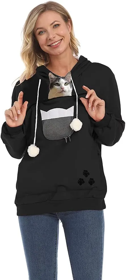 Women Pet Carrier Sweatshirt Puppy Kitten Holding Hoodies Long Sleeve Pouch Tops