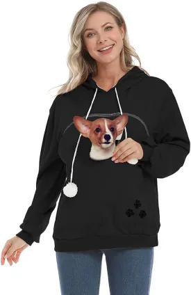 Women Pet Carrier Sweatshirt Puppy Kitten Holding Hoodies Long Sleeve Pouch Tops