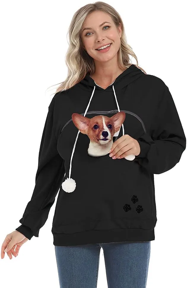 Women Pet Carrier Sweatshirt Puppy Kitten Holding Hoodies Long Sleeve Pouch Tops