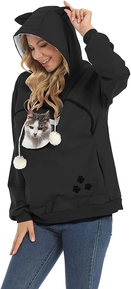 Women Pet Carrier Sweatshirt Puppy Kitten Holding Hoodies Long Sleeve Pouch Tops