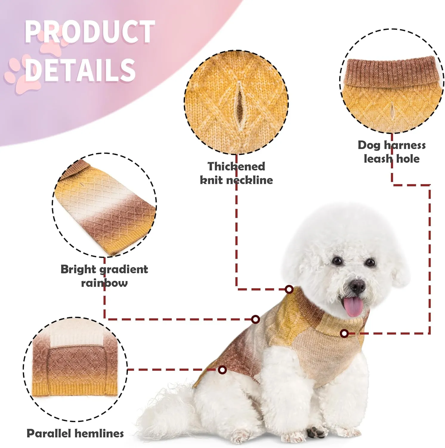 WOYYHO Colorful Knitted Dog Sweater with Leash Hole Turtleneck Puppy Sweaters Warm Dog Winter Clothes for Small Chihuahua Yorkies Havanese (Gradient Brown)