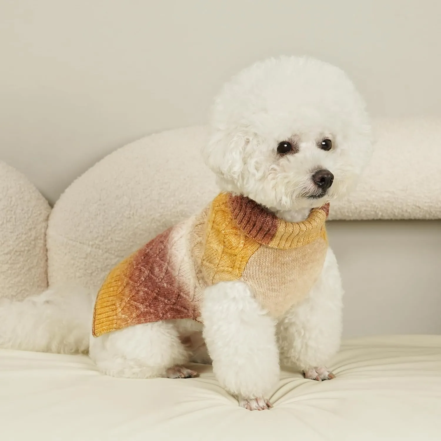 WOYYHO Colorful Knitted Dog Sweater with Leash Hole Turtleneck Puppy Sweaters Warm Dog Winter Clothes for Small Chihuahua Yorkies Havanese (Gradient Brown)